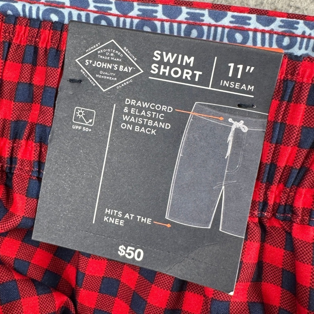 St. Johns Bay Mens Swim Trunks 4XLT Tall Red Blue Gingham Check Board Shorts NEW